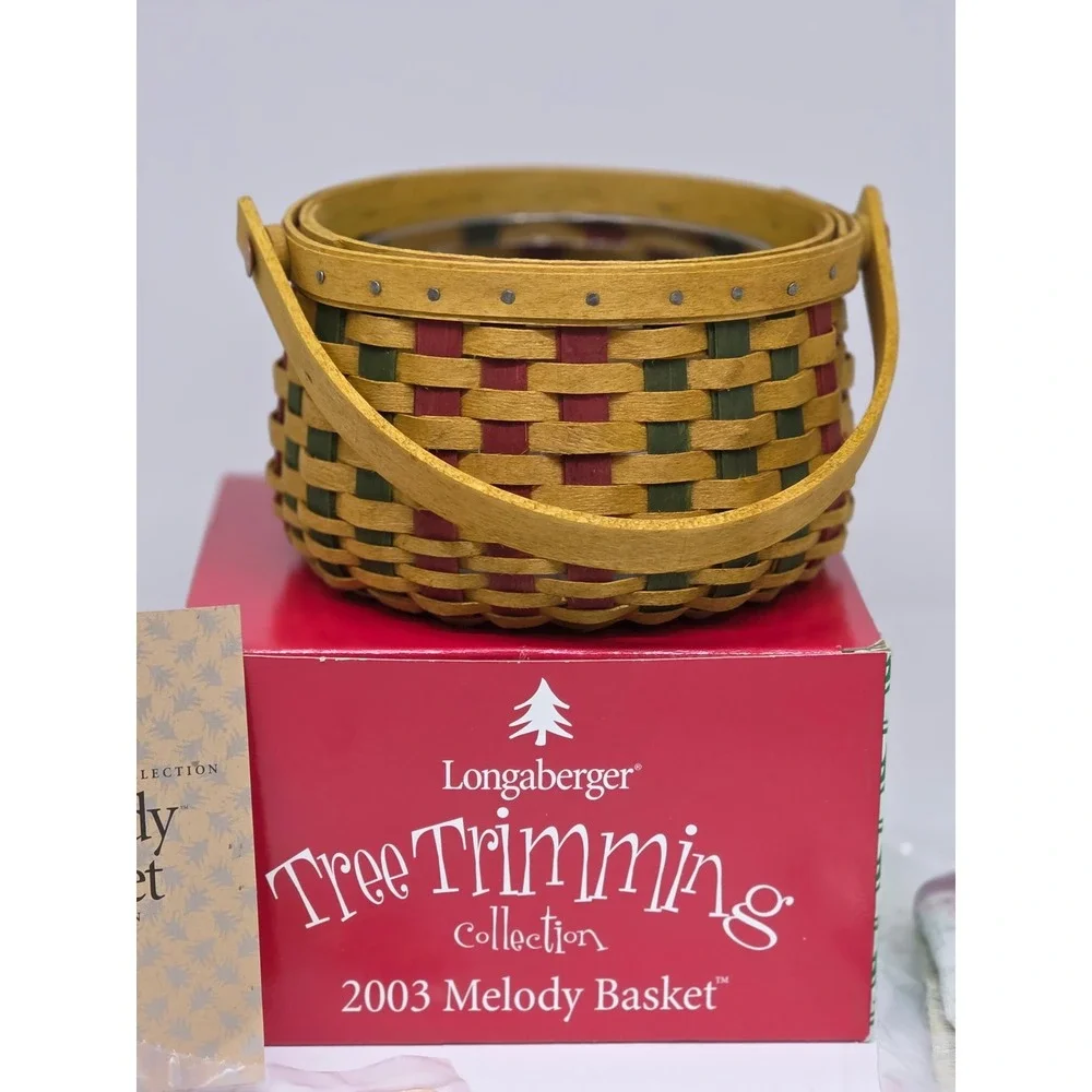 VTG Longaberger Melody Basket Red Green 2003 Tree Trimming Holiday Small Set